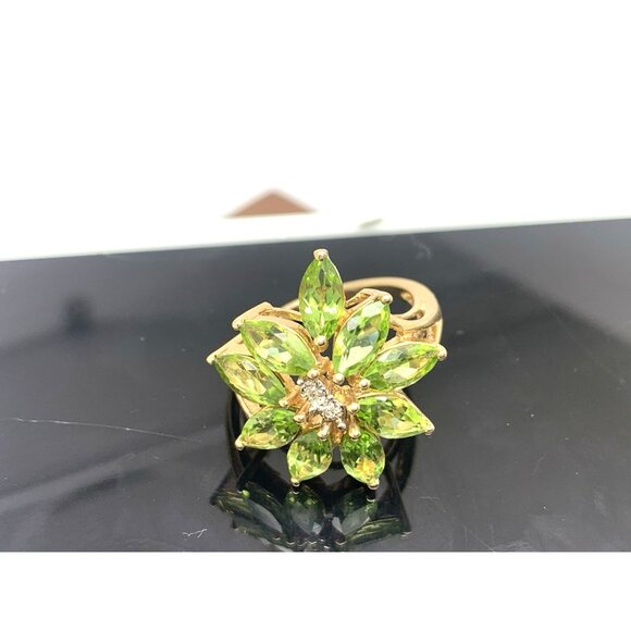 Green Gemstone Diamond Floral Cocktail Ring 14k Yellow Gold Womens Estate Size 7 - Picture 15 of 15